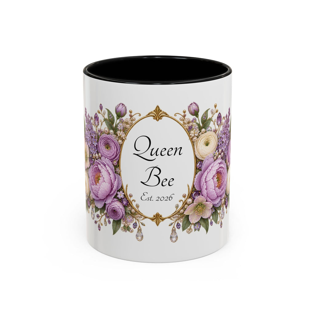Purple Peony Name Frame personalized accent coffee mug, 11oz, white with black interior and handle