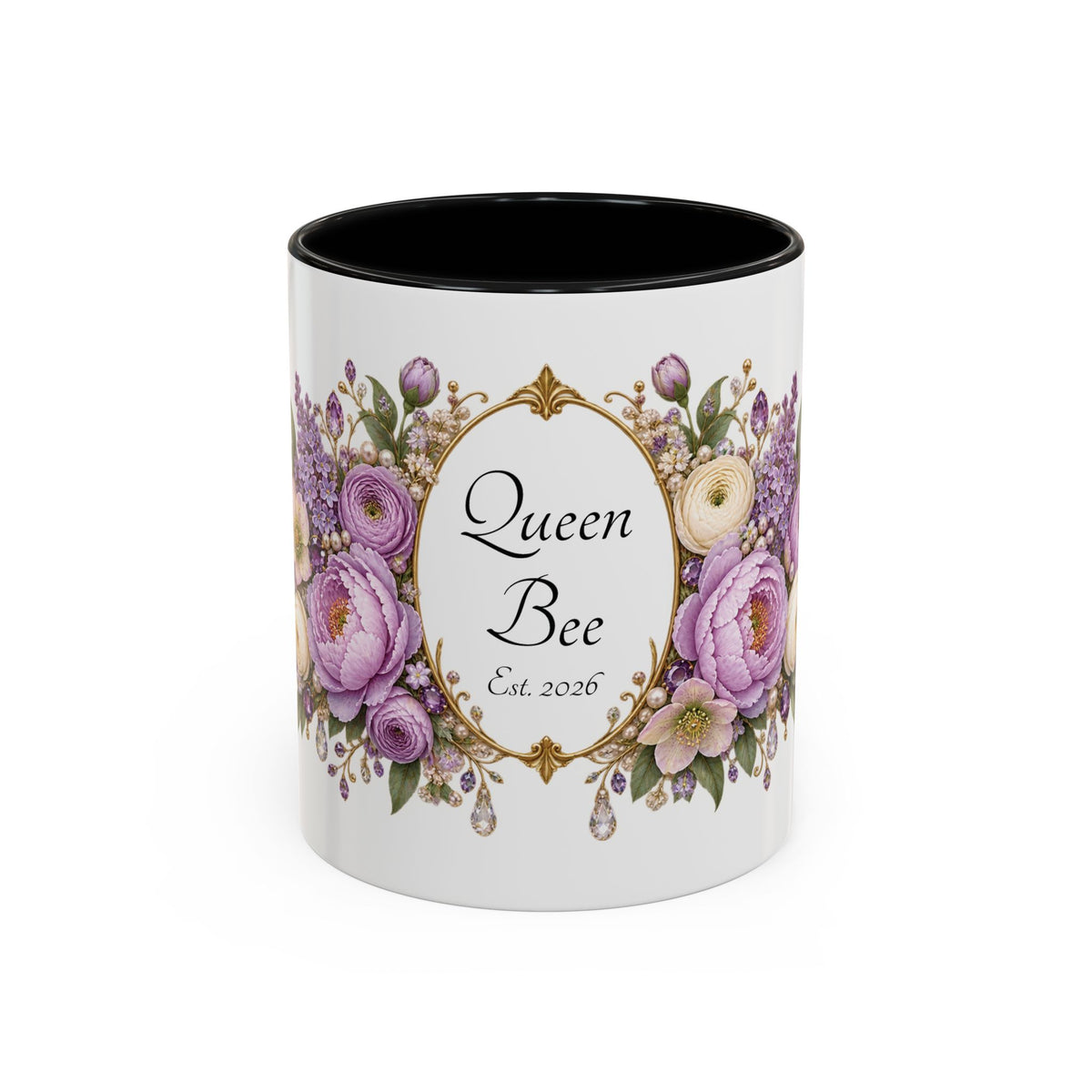 Purple Peony Name Frame personalized accent coffee mug, 11oz, white with black interior and handle