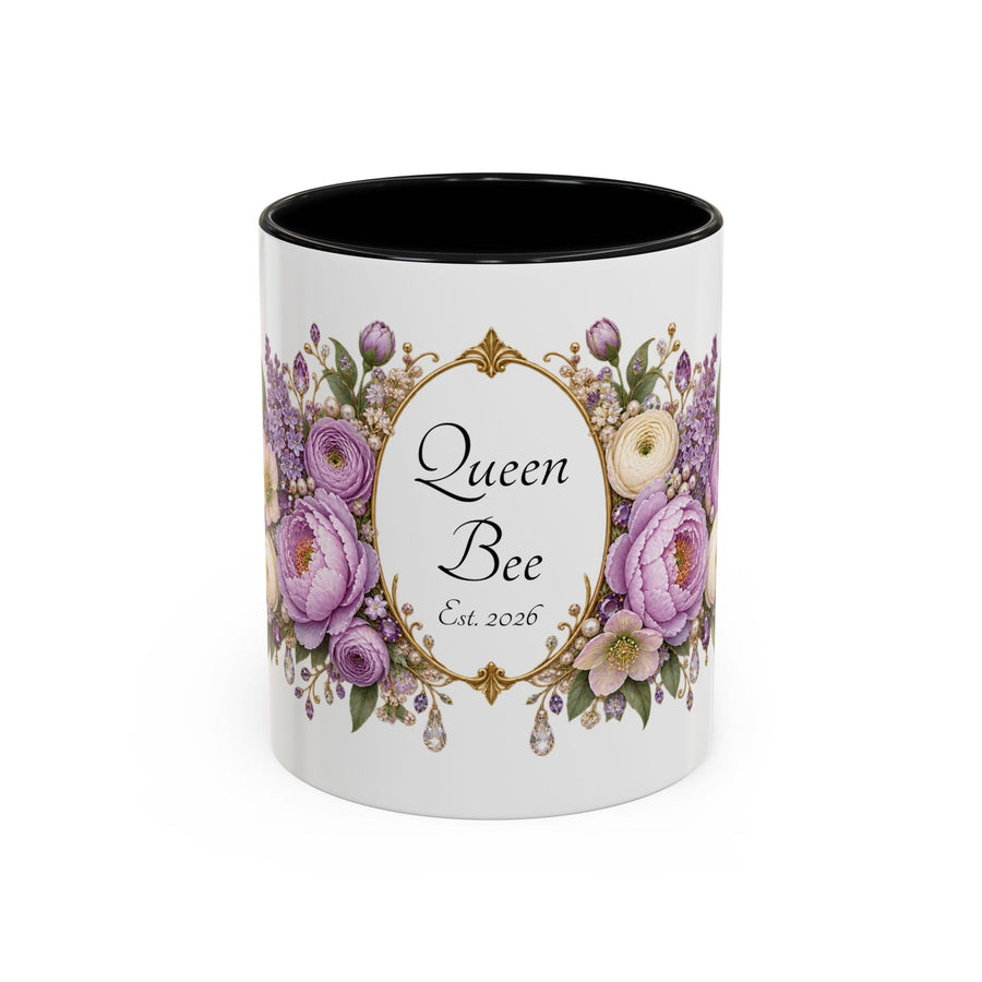 Purple Peony Name Frame personalized accent coffee mug, 11oz, white with black interior and handle