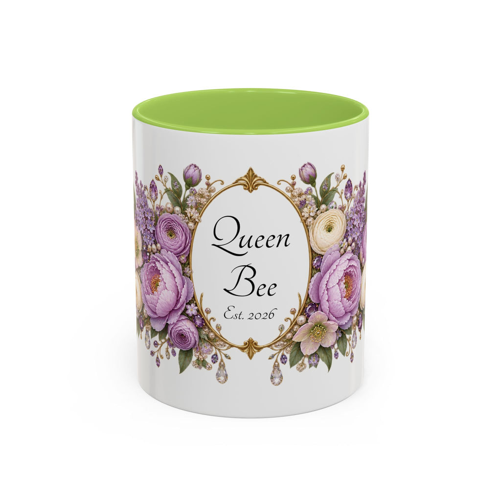 Purple Peony Name Frame personalized accent coffee mug, 11oz, white with light green interior and handle