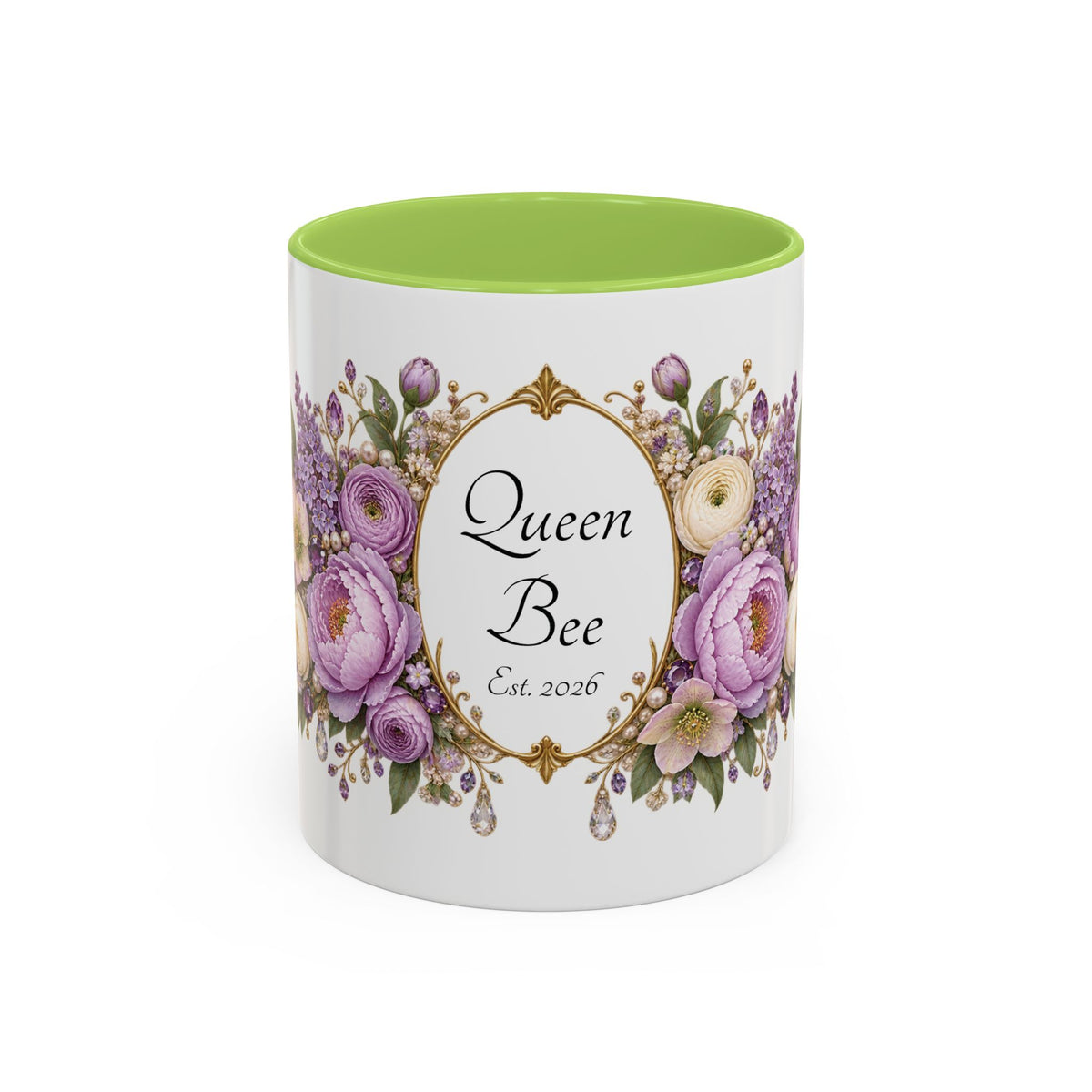 Purple Peony Name Frame personalized accent coffee mug, 11oz, white with light green interior and handle