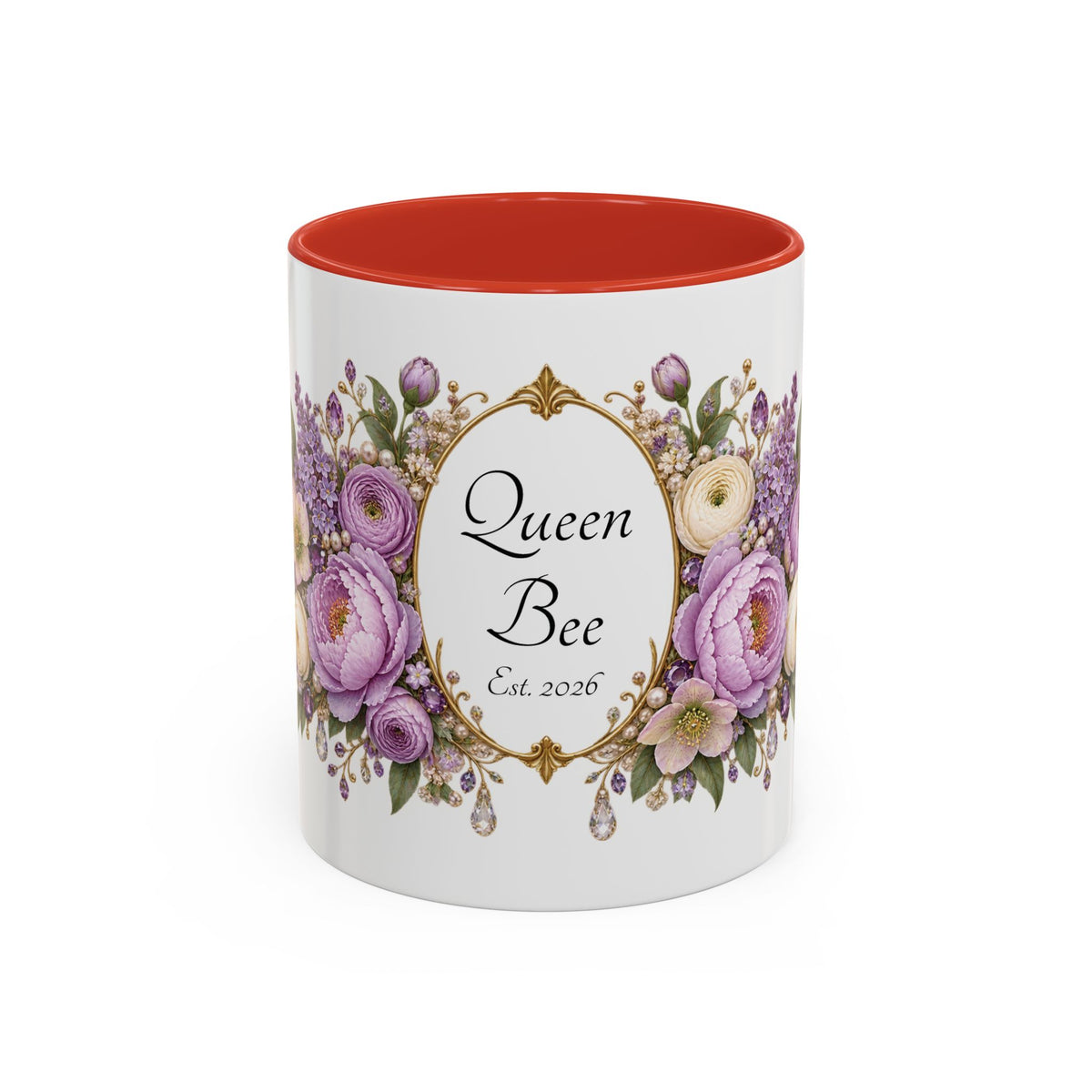 Purple Peony Name Frame personalized accent coffee mug, 11oz, white with red interior and handle