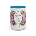 Purple Peony Name Frame personalized accent coffee mug, 15oz, white with blue interior and handle
