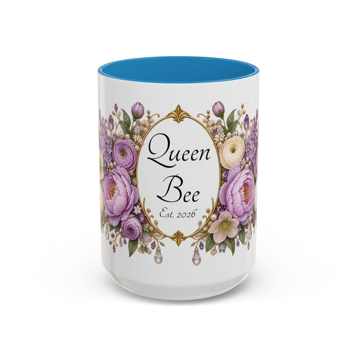 Purple Peony Name Frame personalized accent coffee mug, 15oz, white with blue interior and handle