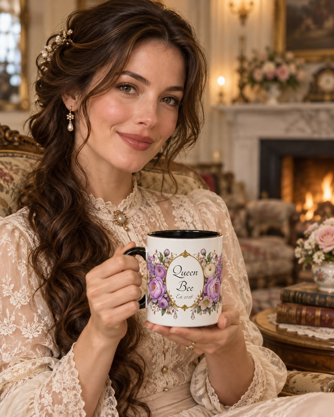Purple Peony Name Frame personalized accent coffee mug in a cozy lifestyle photo