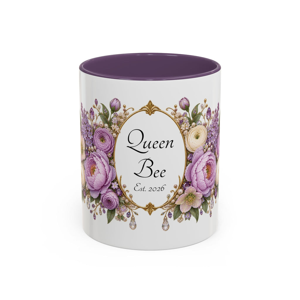 Purple Peony Name Frame personalized accent coffee mug, 11oz, white with purple interior and handle