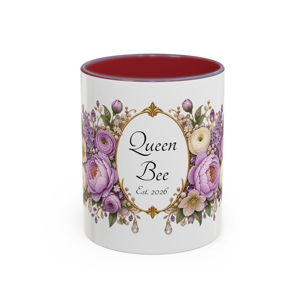 Purple Peony Name Frame personalized accent coffee mug, 11oz, white with maroon interior and handle