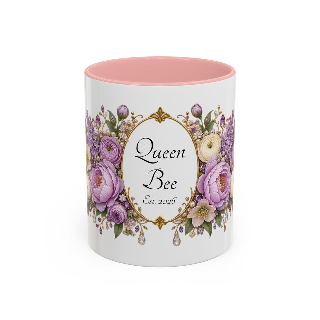 Purple Peony Name Frame personalized accent coffee mug, 11oz, white with pink interior and handle