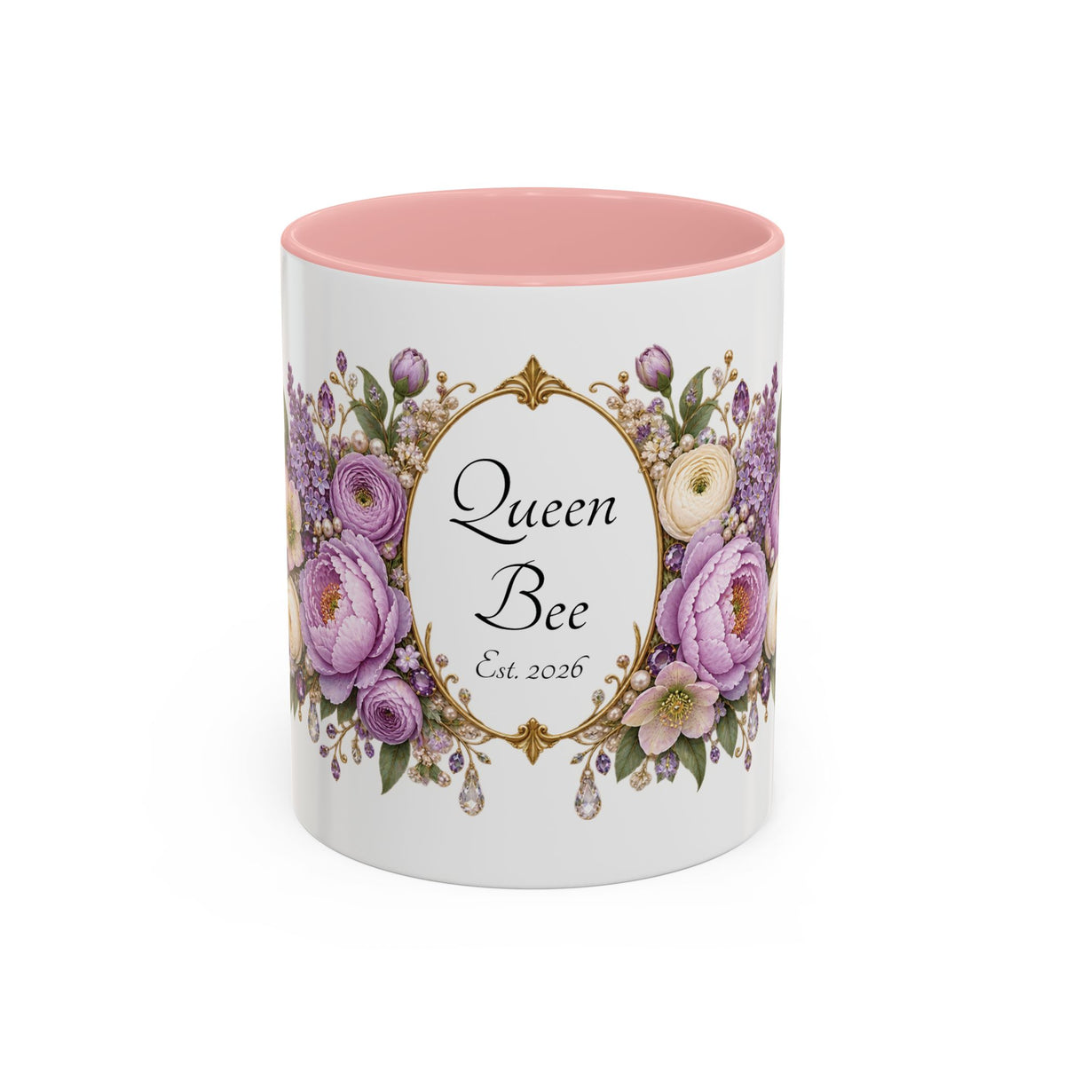 Purple Peony Name Frame personalized accent coffee mug, 11oz, white with pink interior and handle