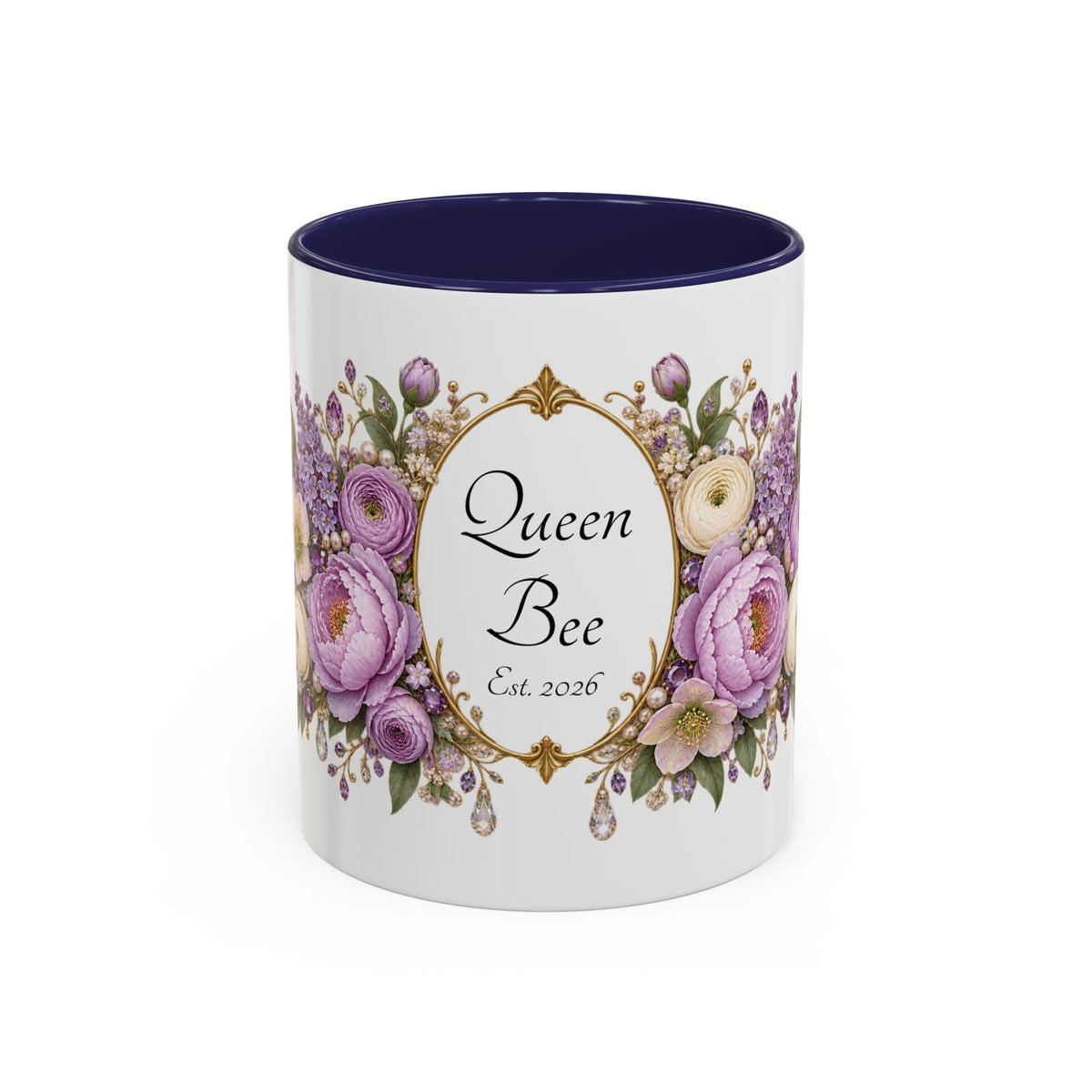 Purple Peony Name Frame personalized accent coffee mug, 11oz, white with navy interior and handle