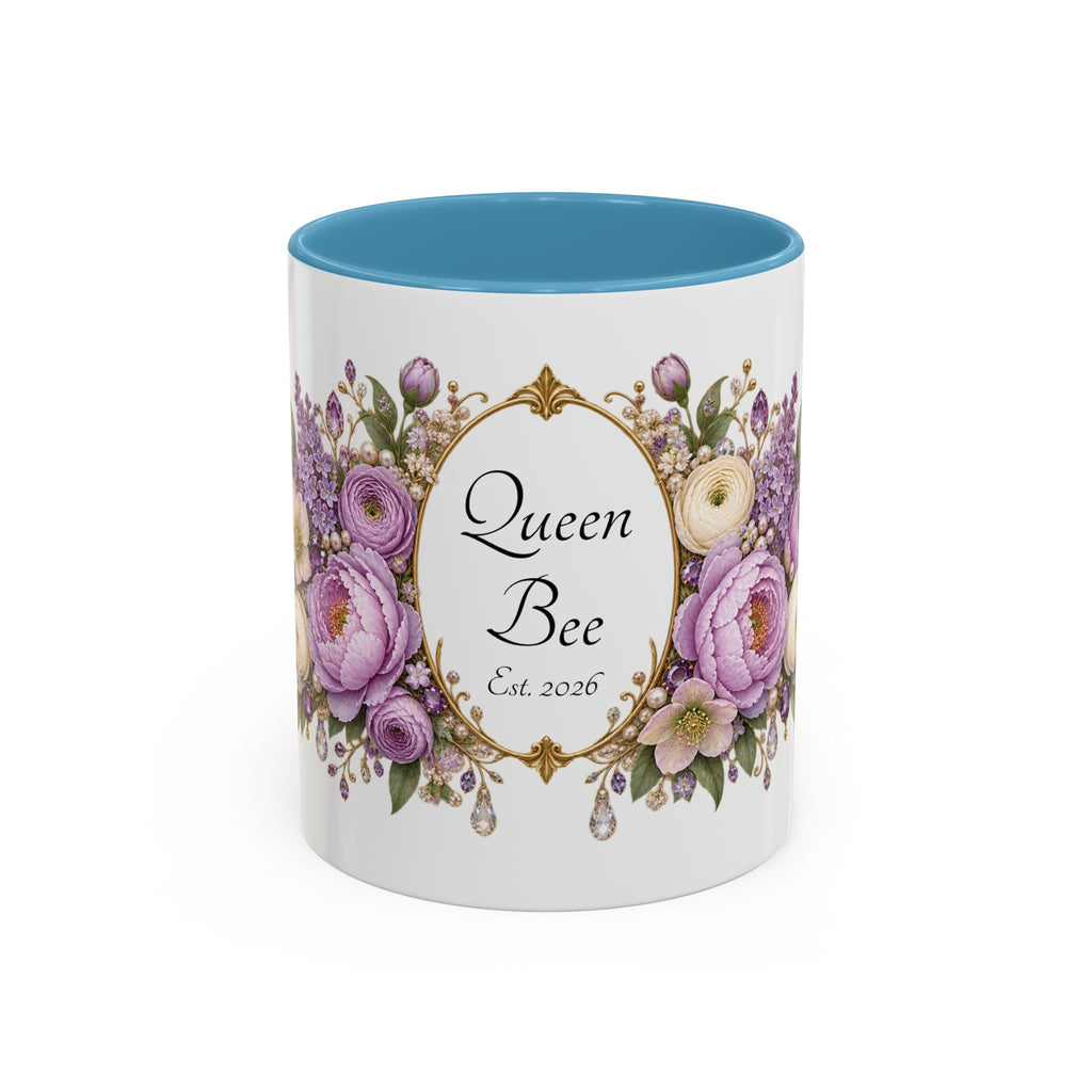 Purple Peony Name Frame personalized accent coffee mug, 11oz, white with light blue interior and handle
