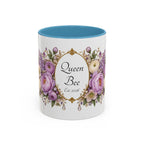 Purple Peony Name Frame personalized accent coffee mug, 11oz, white with light blue interior and handle