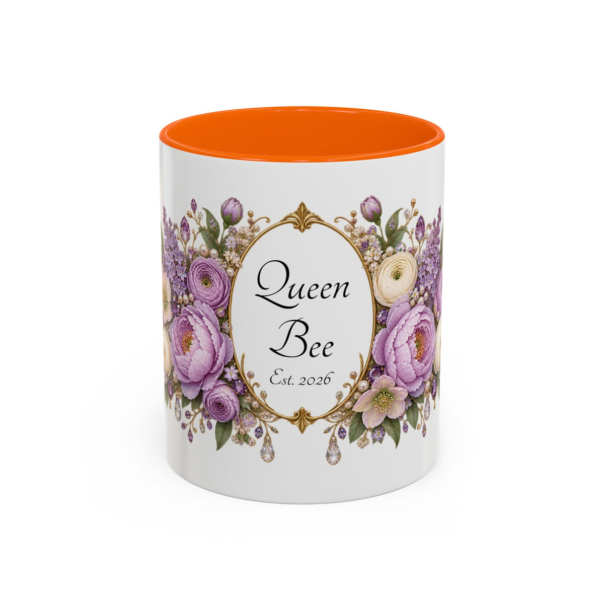 Purple Peony Name Frame personalized accent coffee mug, 11oz, white with orange interior and handle