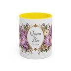 Purple Peony Name Frame personalized accent coffee mug, 11oz, white with yellow interior and handle