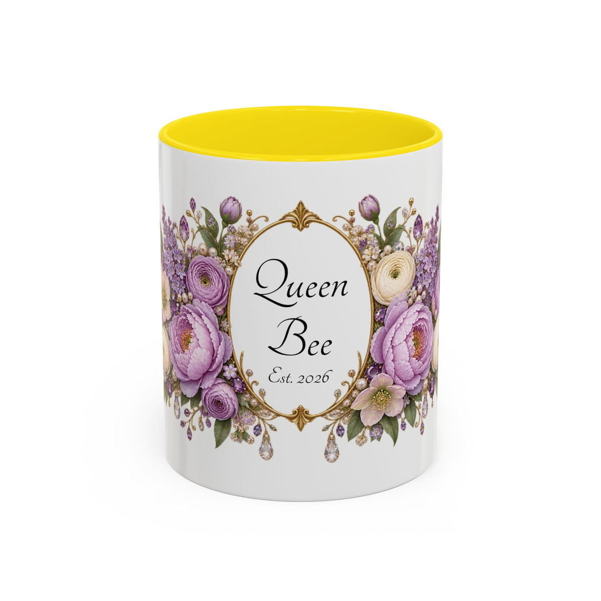 Purple Peony Name Frame personalized accent coffee mug, 11oz, white with yellow interior and handle