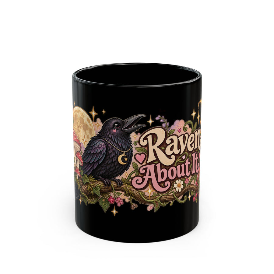 Raven About It black coffee mug, 11oz, front view