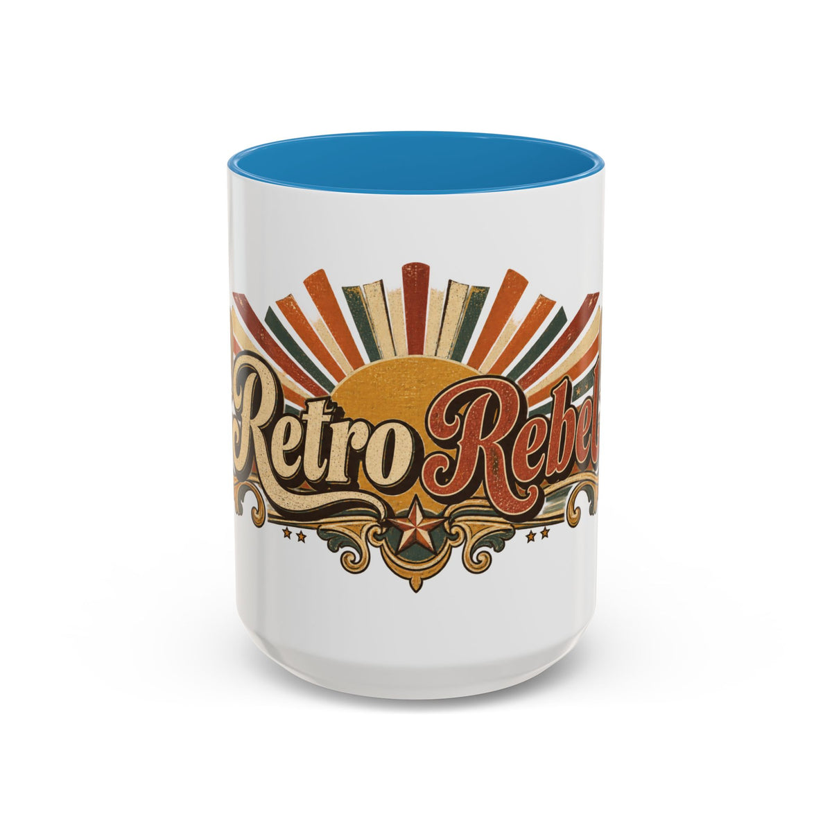 Retro Rebel accent coffee mug, 15oz, white with blue interior and handle