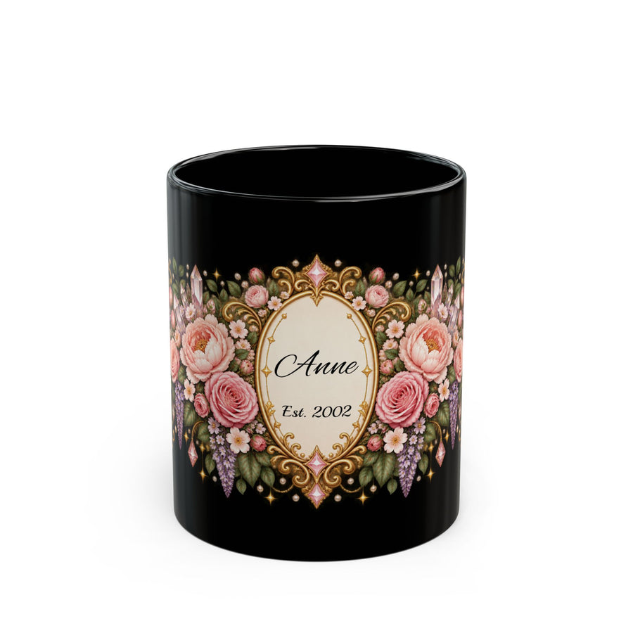 Rose Garden Name Frame personalized black coffee mug, 11oz, front view