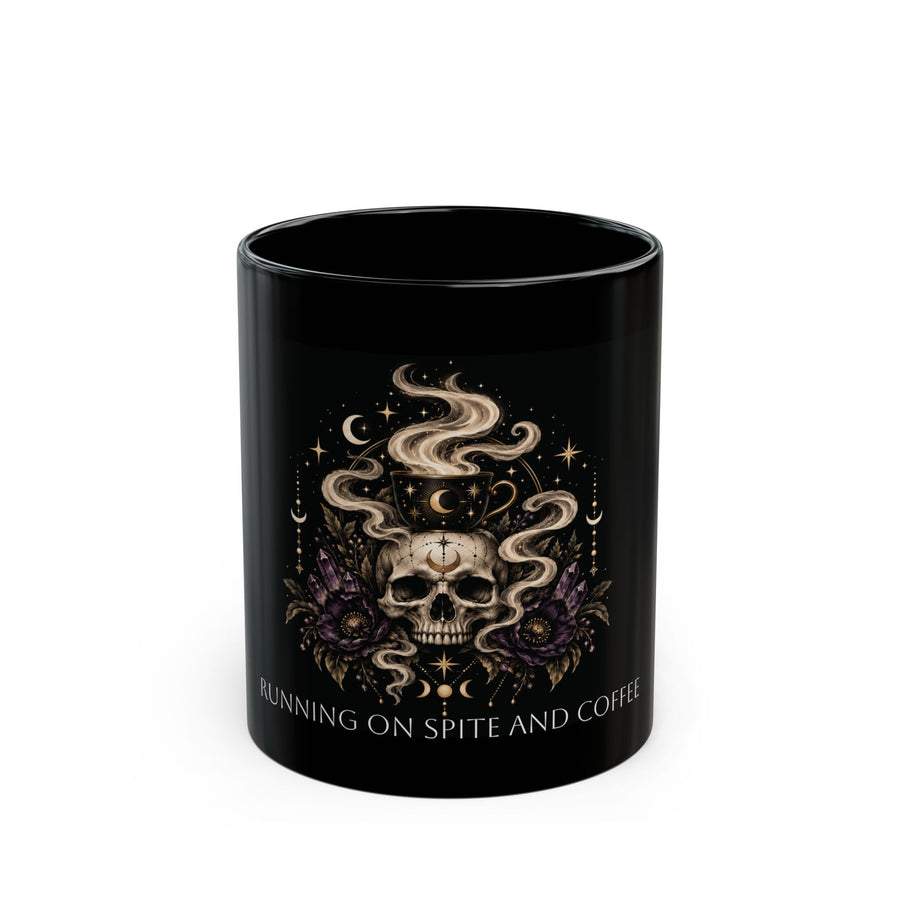 Running on Spite and Coffee black coffee mug, 11oz, front view