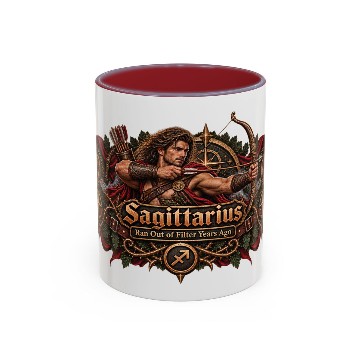Sagittarius Bronze Zodiac accent coffee mug, 11oz, white with maroon interior and handle