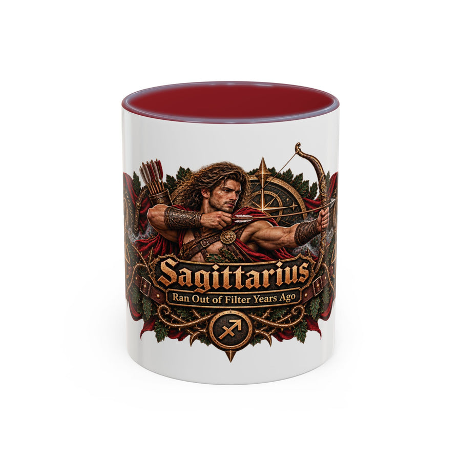 Sagittarius Bronze Zodiac accent coffee mug, 11oz, white with maroon interior and handle