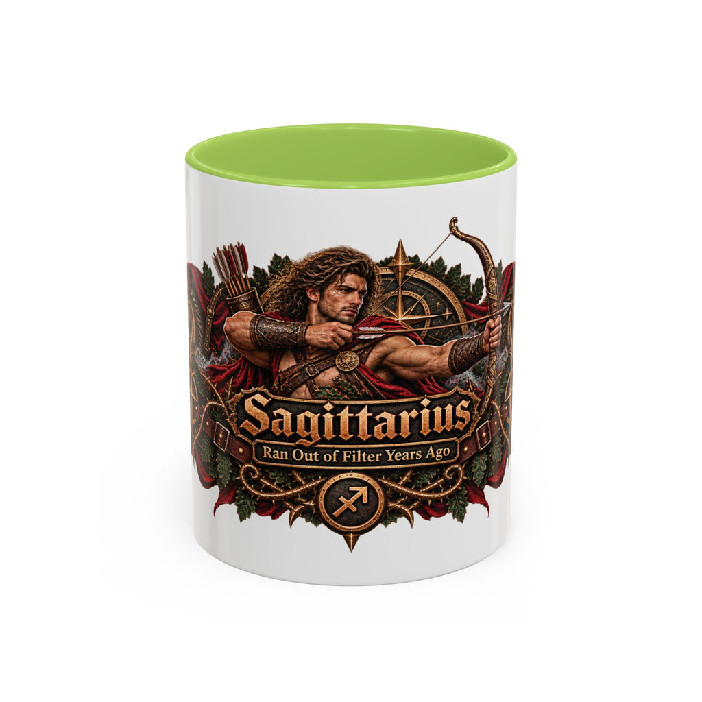 Sagittarius Bronze Zodiac accent coffee mug, 11oz, white with light green interior and handle
