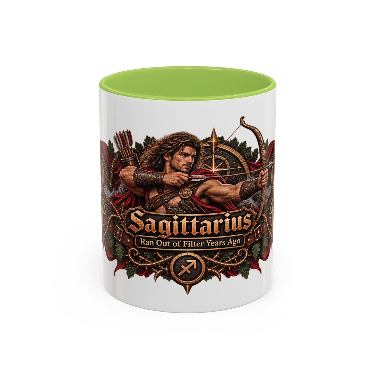 Sagittarius Bronze Zodiac accent coffee mug, 11oz, white with light green interior and handle