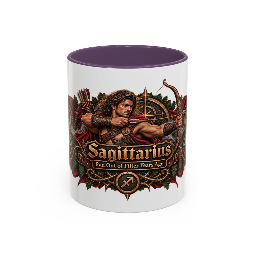 Sagittarius Bronze Zodiac accent coffee mug, 11oz, white with purple interior and handle