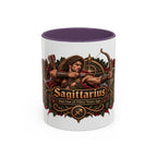 Sagittarius Bronze Zodiac accent coffee mug, 11oz, white with purple interior and handle