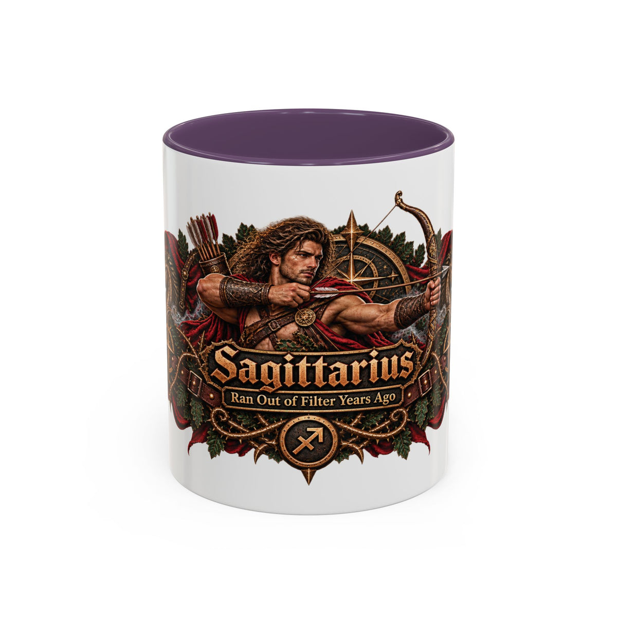 Sagittarius Bronze Zodiac accent coffee mug, 11oz, white with purple interior and handle