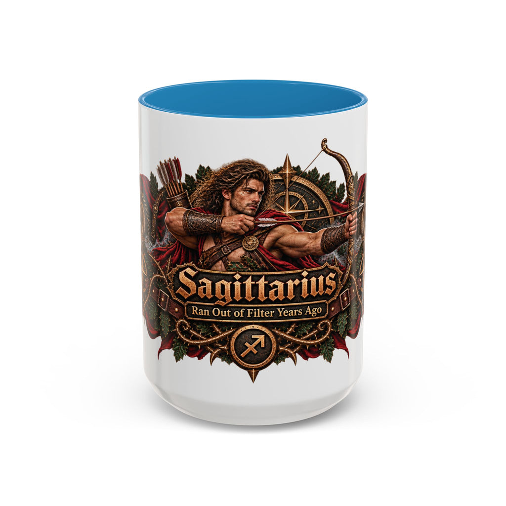 Sagittarius Bronze Zodiac accent coffee mug, 15oz, white with blue interior and handle