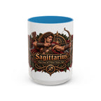 Sagittarius Bronze Zodiac accent coffee mug, 15oz, white with blue interior and handle