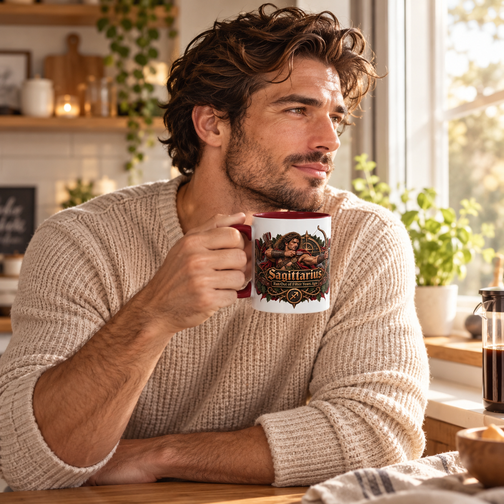 Sagittarius Bronze Zodiac accent coffee mug in a cozy lifestyle photo