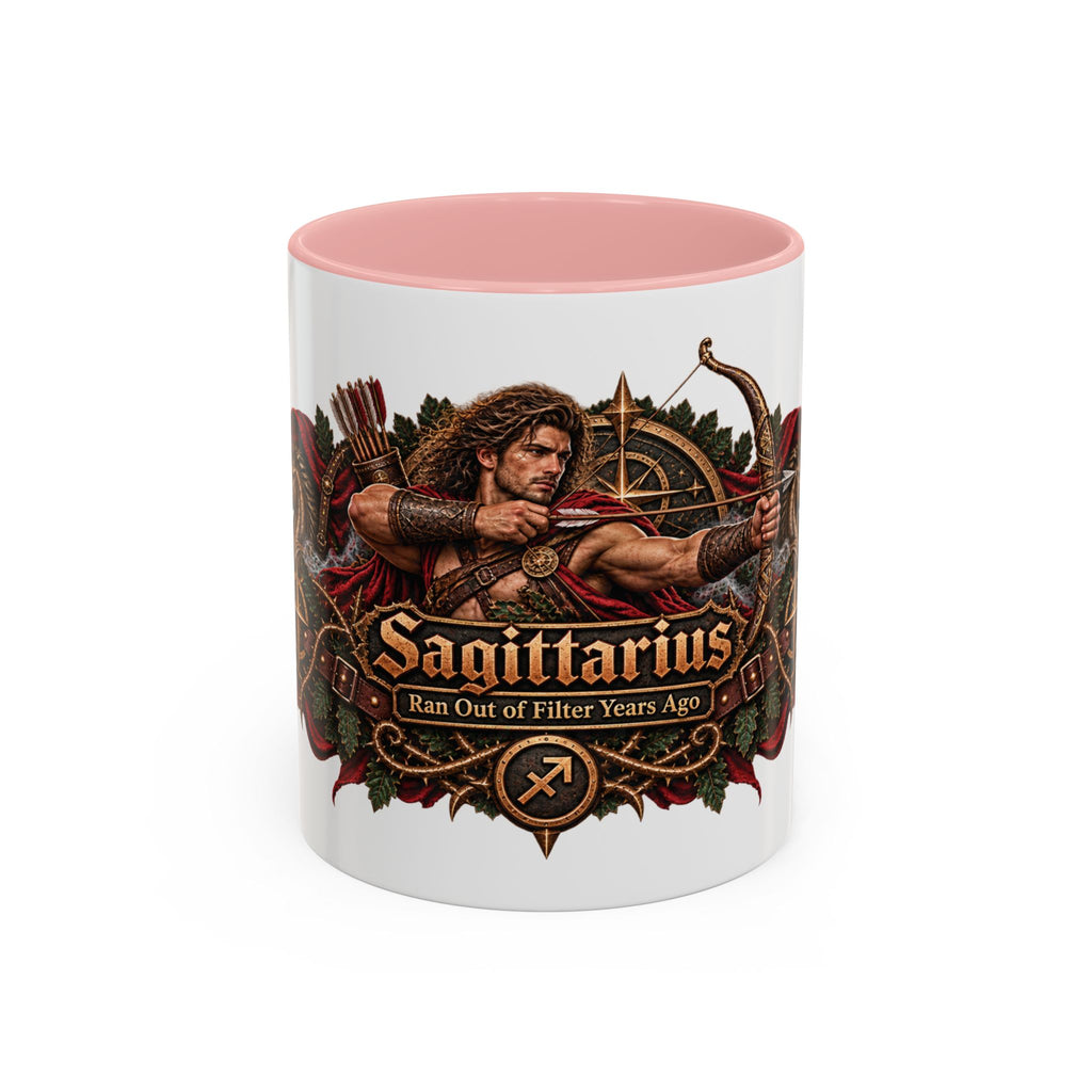 Sagittarius Bronze Zodiac accent coffee mug, 11oz, white with pink interior and handle