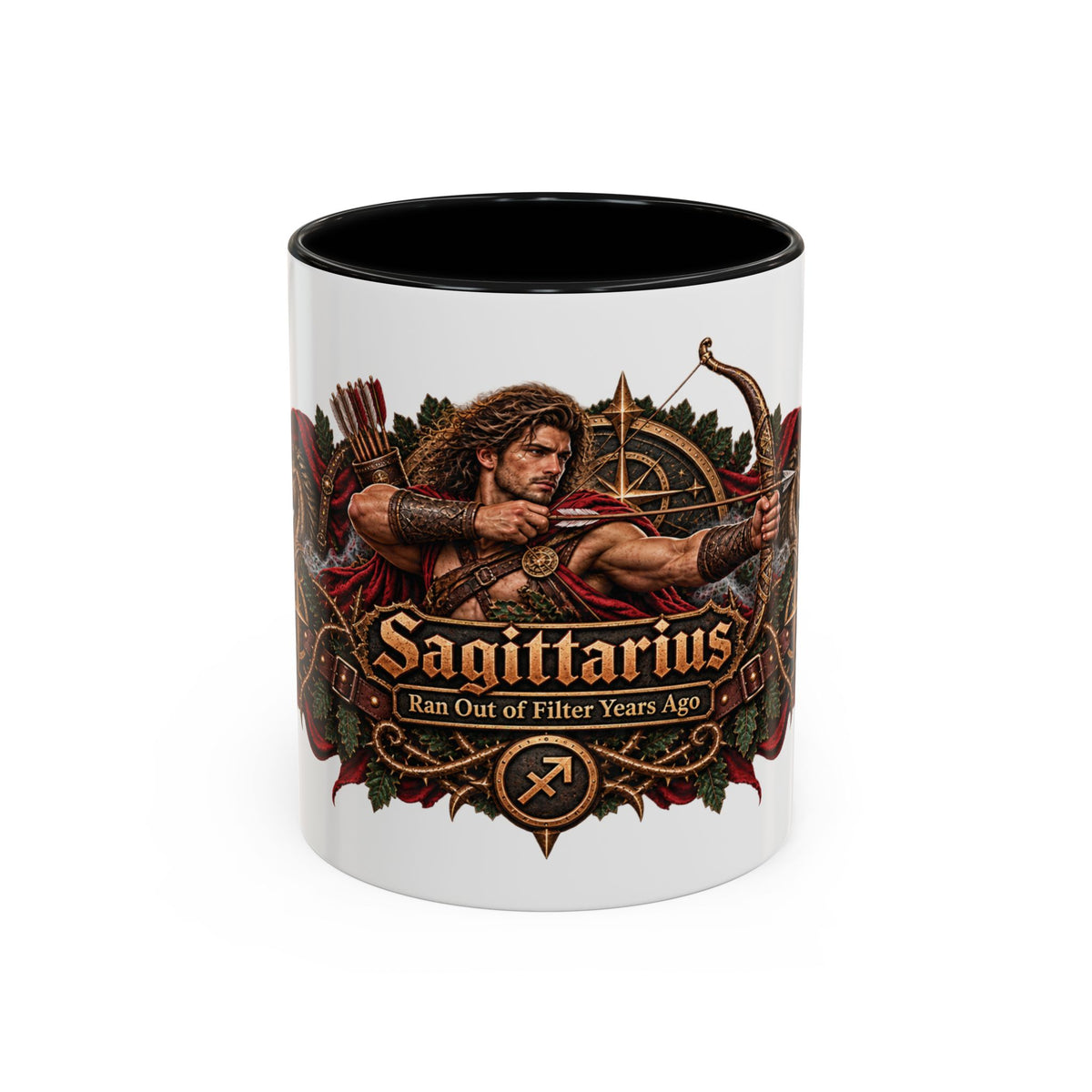 Sagittarius Bronze Zodiac accent coffee mug, 11oz, white with black interior and handle