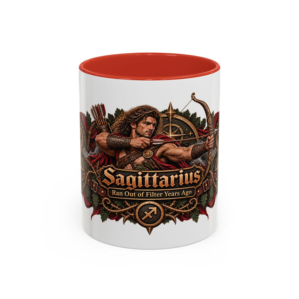 Sagittarius Bronze Zodiac accent coffee mug, 11oz, white with red interior and handle