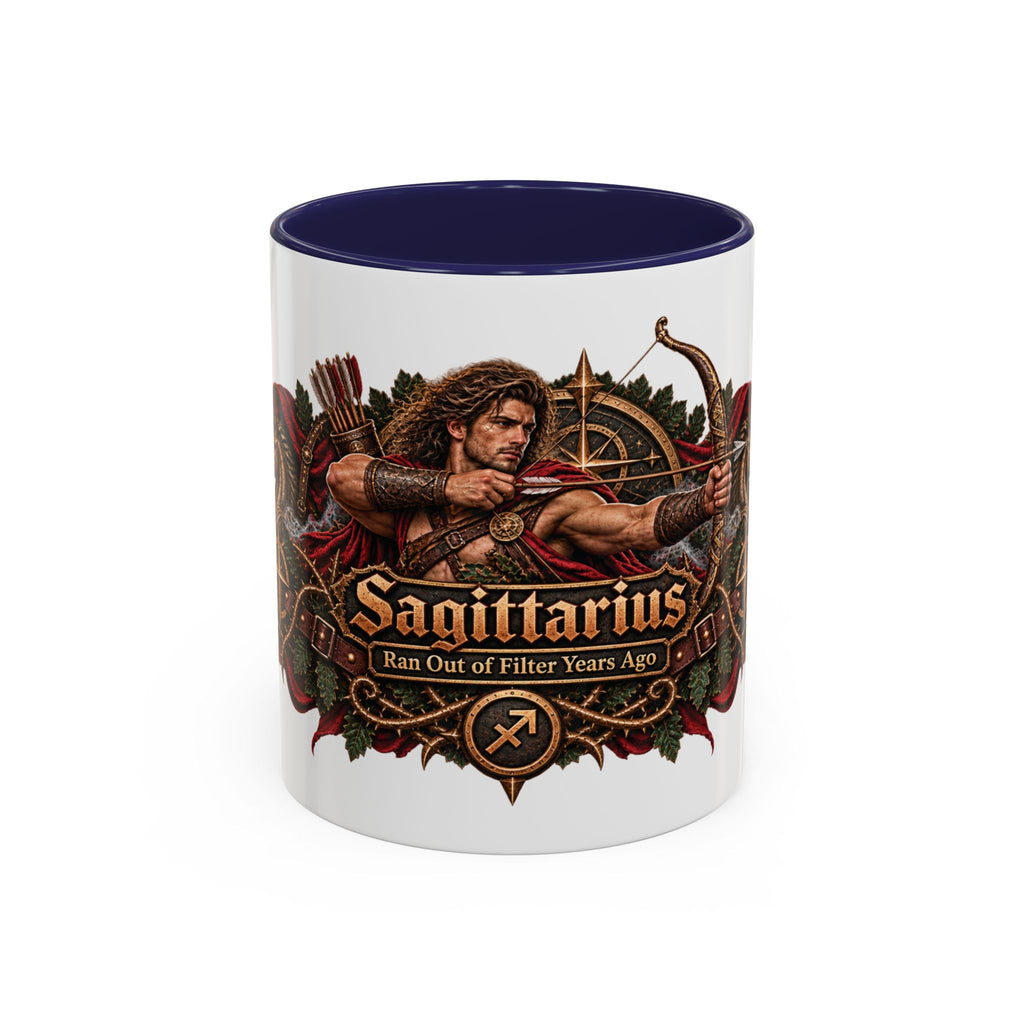 Sagittarius Bronze Zodiac accent coffee mug, 11oz, white with navy interior and handle