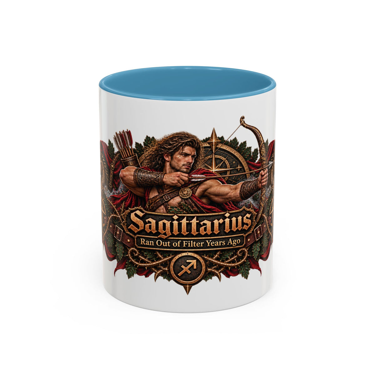 Sagittarius Bronze Zodiac accent coffee mug, 11oz, white with light blue interior and handle