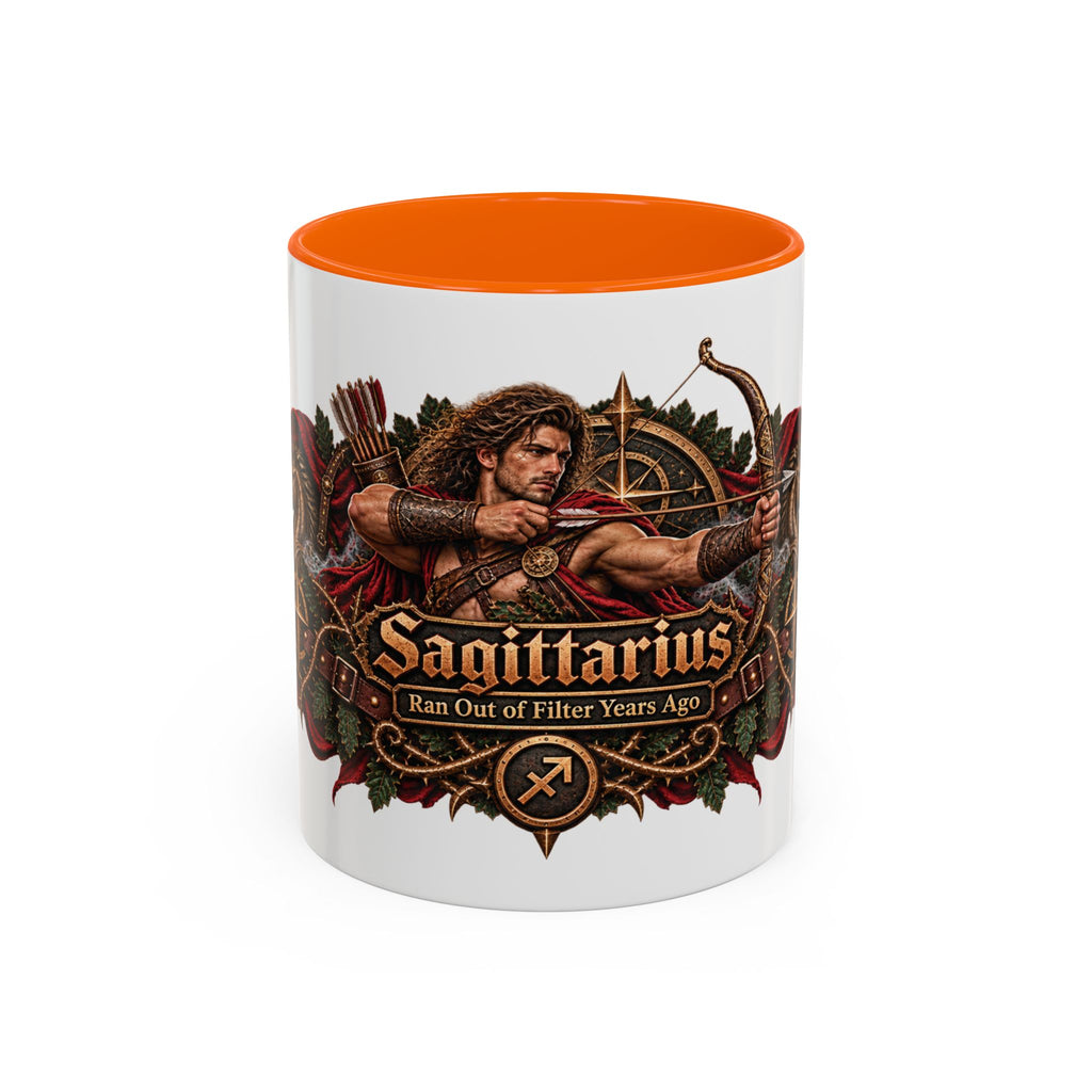 Sagittarius Bronze Zodiac accent coffee mug, 11oz, white with orange interior and handle