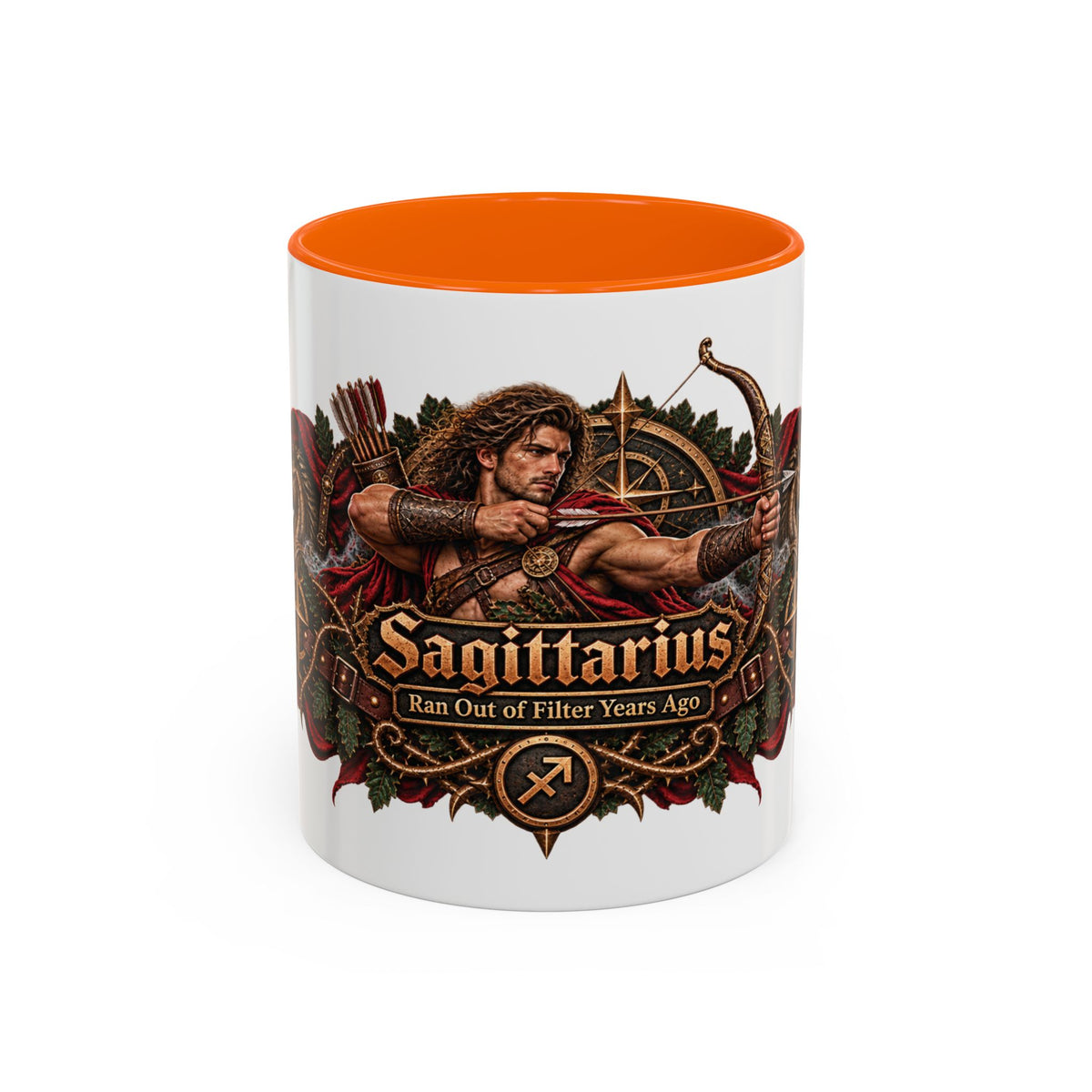 Sagittarius Bronze Zodiac accent coffee mug, 11oz, white with orange interior and handle