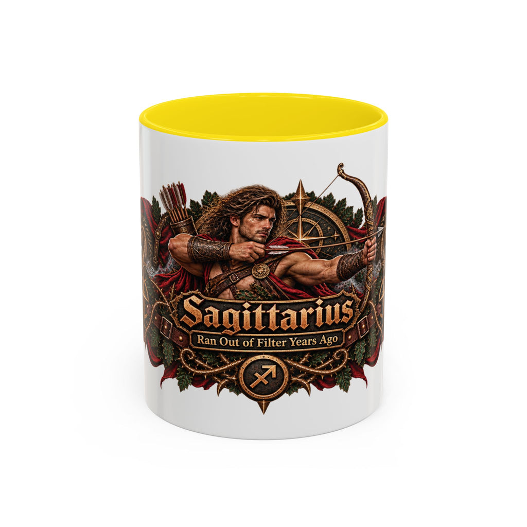 Sagittarius Bronze Zodiac accent coffee mug, 11oz, white with yellow interior and handle