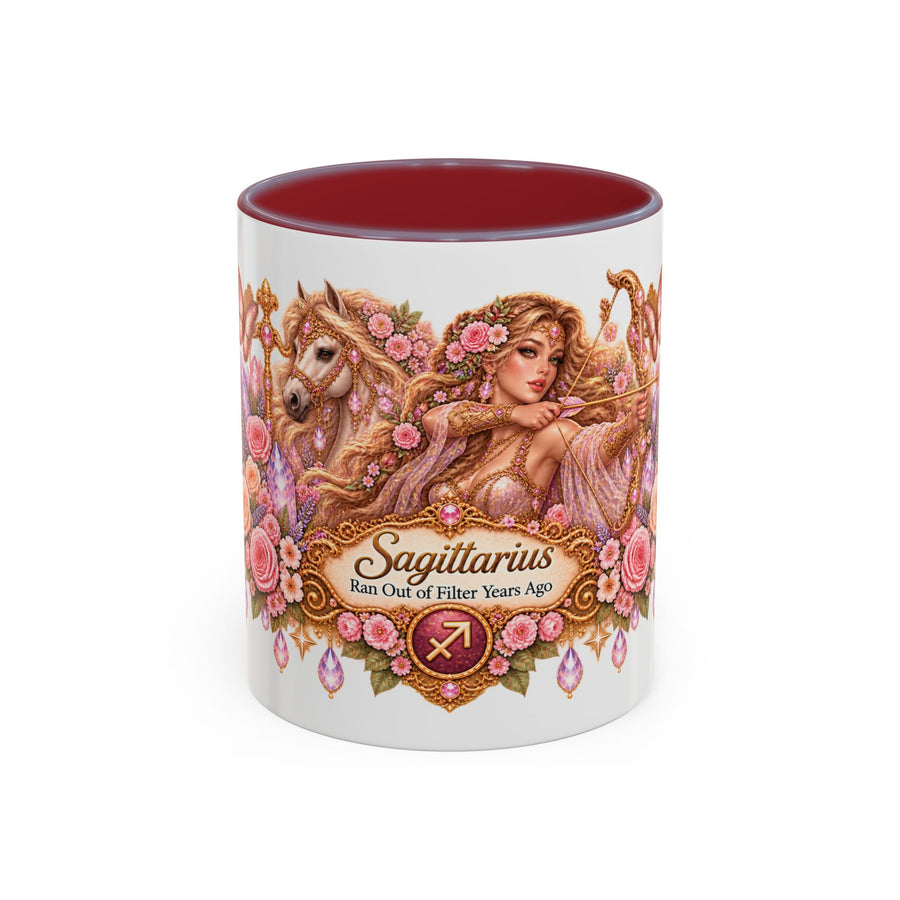 Sagittarius Floral Zodiac accent coffee mug, 11oz, white with maroon interior and handle