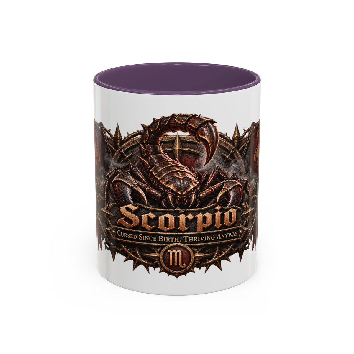 Scorpio Bronze Zodiac accent coffee mug, 11oz, white with purple interior and handle