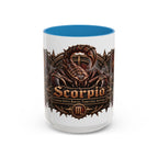 Scorpio Bronze Zodiac accent coffee mug, 15oz, white with blue interior and handle