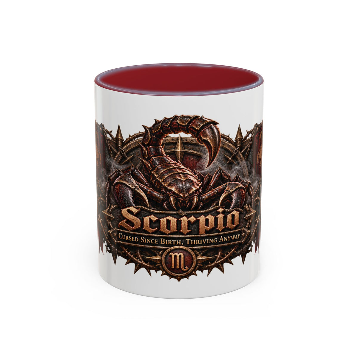 Scorpio Bronze Zodiac accent coffee mug, 11oz, white with maroon interior and handle