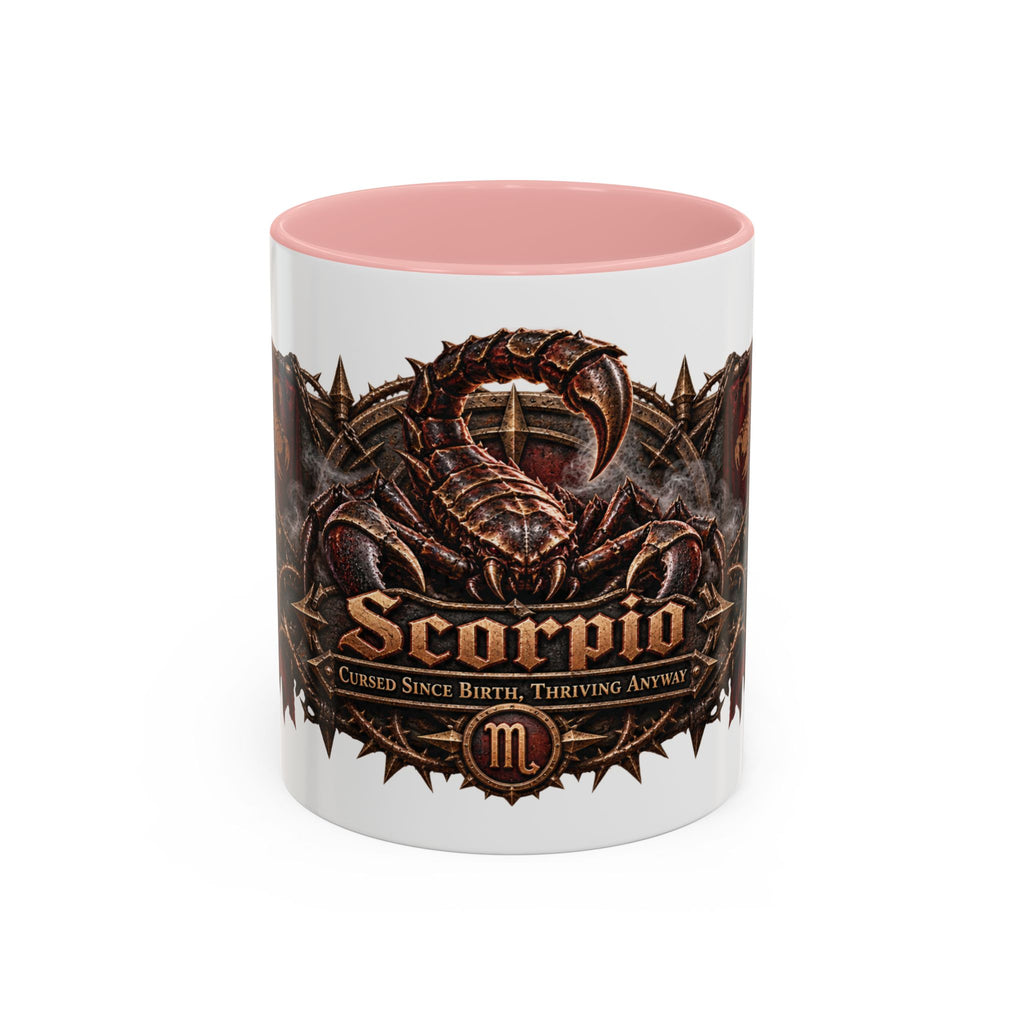 Scorpio Bronze Zodiac accent coffee mug, 11oz, white with pink interior and handle