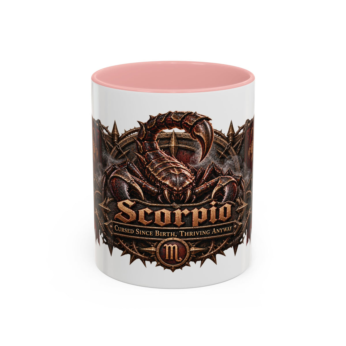 Scorpio Bronze Zodiac accent coffee mug, 11oz, white with pink interior and handle