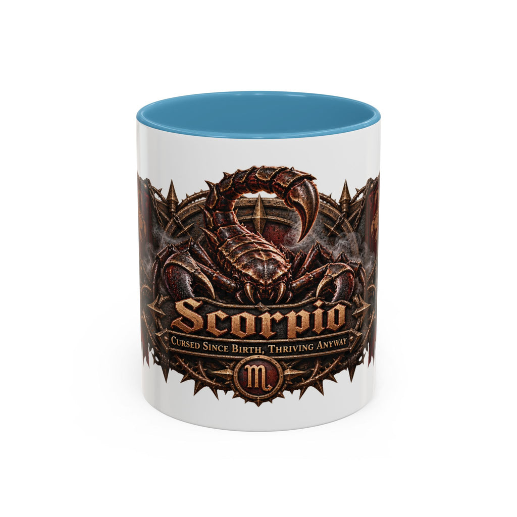 Scorpio Bronze Zodiac accent coffee mug, 11oz, white with light blue interior and handle