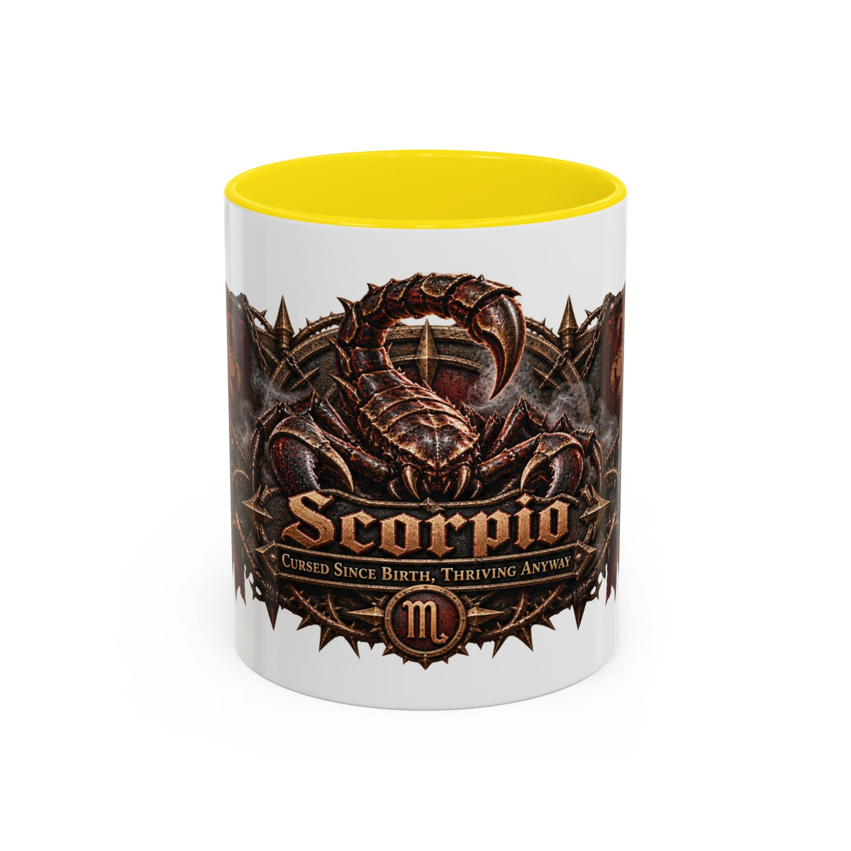Scorpio Bronze Zodiac accent coffee mug, 11oz, white with yellow interior and handle
