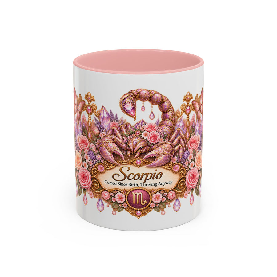 Scorpio Floral Zodiac accent coffee mug, 11oz, white with pink interior and handle